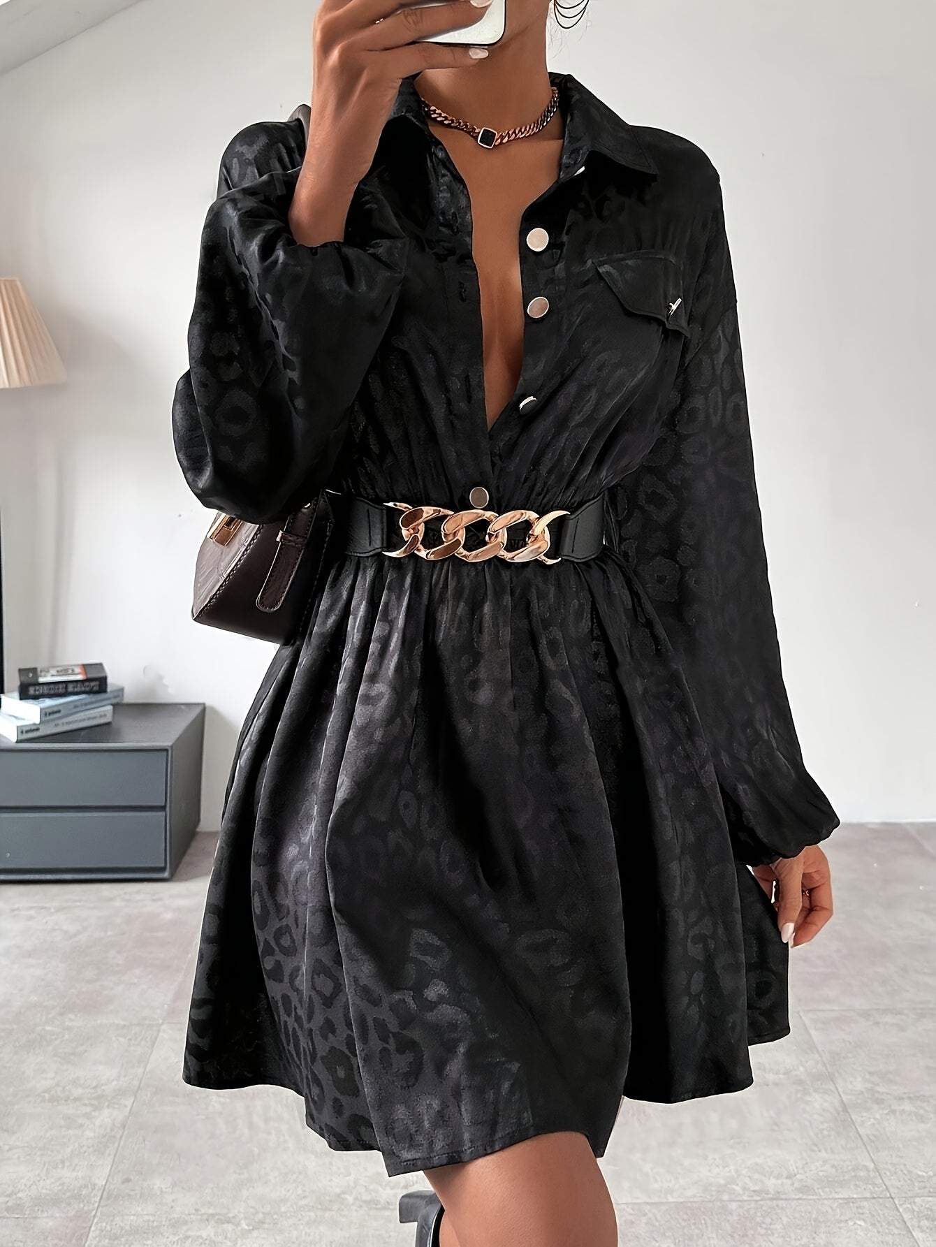Elegant Women's A-Line Dress - Long Sleeve, Button-Up Collar, Non-Sheer Solid Black with Chain Belt Detail (Belt Not Included) - Machine Washable, All-Season Fashion for Adults